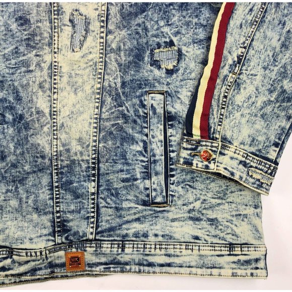 Makobi Mens 6XB Acid Wash Blue Denim Jean Track Jacket Distressed Faded Stripes - Picture 2 of 12
